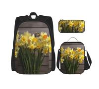 KCGSDEGV Ensemble de 3 sacs d'école avec sac à déjeuner et trousse à crayons - Motif poule - Pour adolescentes, filles et garçons, Bouquet de jonquilles, Taille unique, Sacs à dos de jour