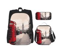 KCGSDEGV Ensemble de 3 sacs d'école avec sac à déjeuner et trousse à crayons - Motif train à vapeur et nuages - Pour adolescentes, filles et garçons, Cabine téléphonique rouge London Street, Taille