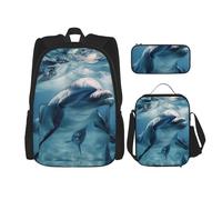 KCGSDEGV Ensemble de 3 sacs d'école avec sac à déjeuner et trousse à crayons, sac à dos mignon pour adolescents, filles, garçons, Jolis dauphins., Taille unique, Sacs à dos de jour