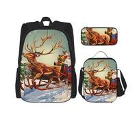 KCGSDEGV Ensemble de 3 sacs d'école imprimés avec sac à déjeuner et trousse à crayons, motif fleurs de la nature, coucher de soleil et montagne, pour adolescents, filles, garçons, Merry Christmas Day