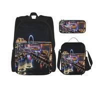 KCGSDEGV Ensemble de 3 sacs d'école imprimés avec sac à déjeuner et trousse à crayons, motif fleurs de la nature, coucher de soleil et montagne, pour adolescents, filles, garçons, Las Vegas Night View
