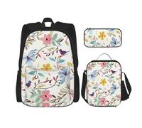 KCGSDEGV Ensemble de 3 sacs d'école ruraux avec sac à déjeuner et trousse à crayons - Motif fleurs d'abeilles et fleurs - Pour adolescentes, filles et garçons, Papillon romantique et fantaisie, Taille