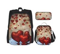 KCGSDEGV Ensemble de 3 sacs d'école ruraux avec sac à déjeuner et trousse à crayons - Motif fleurs d'abeilles et fleurs - Pour adolescentes, filles et garçons, Cœur rouge, Taille unique, Sacs à dos de