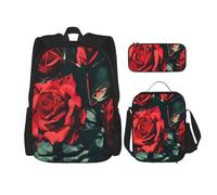 KCGSDEGV Ensemble de 3 sacs d'école ruraux avec sac à déjeuner et trousse à crayons - Motif fleurs d'abeilles et fleurs - Pour adolescentes, filles et garçons, Imprimé rose rouge, Taille unique, Sacs