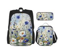 KCGSDEGV Ensemble sac d'école 3 pièces avec sac à déjeuner et trousse à crayons - Motif avion de la Seconde Guerre mondiale, Fleurs sauvages et bleuets marguerites Art, Taille unique, Sacs à dos de