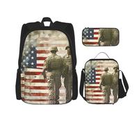 KCGSDEGV Ensemble sac d'école 3 pièces avec sac à déjeuner et trousse à crayons - Motif avion de la Seconde Guerre mondiale, US Military Soldats Patriotic Memorial Day, Taille unique, Sac à dos