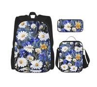 KCGSDEGV Ensemble sac d'école 3 pièces avec sac à déjeuner et trousse à crayons - Motif avion de la Seconde Guerre mondiale, Fleurs sauvages et bleuets marguerites, Taille unique, Sacs à dos de jour