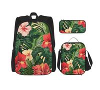 KCGSDEGV Ensemble sac d'école 3 pièces avec sac à déjeuner et trousse à crayons - Motif avion de la Seconde Guerre mondiale, Feuilles végétales avec fleurs d'hibiscus, Taille unique, Sacs à dos de
