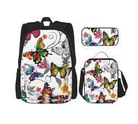 KCGSDEGV Ensemble sac d'école 3 pièces avec sac à déjeuner et trousse à crayons - Motif avion de la Seconde Guerre mondiale, Motif floral blanc et papillons colorés, Taille unique, Sacs à dos de jour