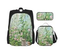 KCGSDEGV Ensemble sac d'école 3 pièces avec sac à déjeuner et trousse à crayons, motif vagues de mer, coucher de soleil et vagues, Jardin d'herbes printanières, Taille unique, Sacs à dos de jour