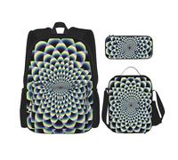 KCGSDEGV Ensemble sac d'école 3 pièces avec sac à déjeuner et trousse à crayons, motif vagues de mer, coucher de soleil et vagues, Art d'illusion d'optique en spirale, Taille unique, Sacs à dos de