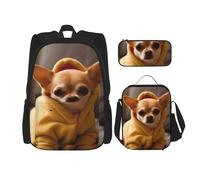 KCGSDEGV Golden Retriever - Ensemble cartable 3 pièces avec sac à déjeuner et trousse à crayons - Joli sac à dos pour étudiant - Pour adolescentes, filles et garçons, Chihuahua déprimé mignon, Taille