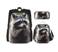 KCGSDEGV Golden Retriever - Ensemble cartable 3 pièces avec sac à déjeuner et trousse à crayons - Joli sac à dos pour étudiant - Pour adolescentes, filles et garçons, Raton laveur mignon, Taille