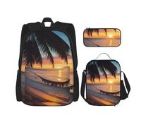 KCGSDEGV Lot de 3 sacs d'école avec sac à déjeuner et trousse à crayons - Motif chouettes de Noël sur une branche - Pour adolescentes, filles et garçons, Coco Beach Sunset Hamac, taille unique