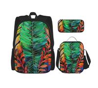 KCGSDEGV Lot de 3 sacs d'école avec sac à déjeuner et trousse à crayons - Motif chouettes de Noël sur une branche - Pour adolescentes, filles et garçons, Feuilles tropicales colorées., Taille unique