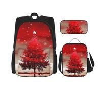 KCGSDEGV Lot de 3 sacs d'école avec sac à déjeuner et trousse à crayons - Motif chouettes de Noël sur une branche - Pour adolescentes, filles et garçons, Sapin de Noël rouge, Taille unique, Sacs à dos