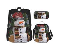 KCGSDEGV Lot de 3 sacs d'école avec sac à déjeuner et trousse à crayons - Motif chouettes de Noël sur une branche - Pour adolescentes, filles et garçons, Carton de Noël Bonhomme de neige, Taille