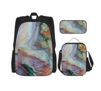 KCGSDEGV Lot de 3 sacs d'école avec sac à déjeuner et trousse à crayons - Motif chouettes de Noël sur une branche - Pour adolescentes, filles et garçons, Marbre coloré., Taille unique, Sacs à dos de