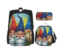 KCGSDEGV Lot de 3 sacs d'école avec sac à déjeuner et trousse à crayons - Motif chouettes de Noël sur une branche - Pour adolescentes, filles et garçons, Nains de Noël colorés, Taille unique, Sacs à