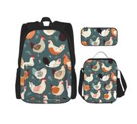 KCGSDEGV Lot de 3 sacs d'école avec sac à déjeuner et trousse à crayons - Motif chouettes de Noël sur une branche - Pour adolescentes, filles et garçons, Motif poulet., Taille unique, Sacs à dos de