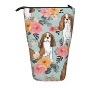 KCGSDEGV Sweet Basset Hound Trousse à crayons extensible avec imprimé floral pour stylos scolaires, maquillage et voyage pour étudiants et artistes, Noir , Taille unique, Cartable