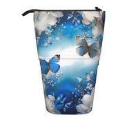 KCGSDEGV Trousse à crayons extensible avec motifs papillons bleus et fleurs blanches pour l'école, le maquillage et les voyages pour étudiants et artistes, Noir , Taille unique, Cartable