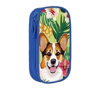 KCGSDEGV Trousse à crayons noire avec imprimé corgi hawaïen tropical été ananas, grande capacité, jolie trousse à crayons pour l'école filles et garçons, bleu, Taille unique, Cartable