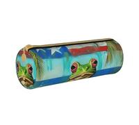 KCGSDEGV Trousse à crayons ronde en cuir avec drapeau de Porto Rico - Motif grenouille et palmiers - Pour l'école, les filles et les garçons, blanc, Taille unique, Cartable