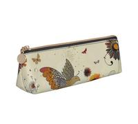 KCGSDEGV Trousse à crayons triangulaire en cuir avec imprimé poule et papillons volants parmi fleurs - Jolie trousse à crayons - Boîte de rangement pour l'école - Pour filles et garçons, blanc, Taille