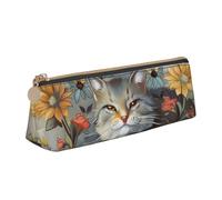 KCGSDEGV Trousse à crayons triangulaire en cuir avec motifs de chats et de fleurs - Trousse à crayons - Boîte de rangement pour l'école - Pour filles et garçons, blanc, Taille unique, Cartable