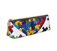 KCGSDEGV Trousse à crayons triangulaire en cuir pour sensibilisation à l'autisme, pièces de puzzle, cœur imprimé, trousse à crayons, trousse à stylos, boîte de rangement pour l'école filles et