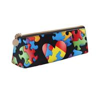 KCGSDEGV Trousse à crayons triangulaire en cuir pour sensibilisation à l'autisme, pièces de puzzle, cœur imprimé, trousse à crayons, trousse à stylos, boîte de rangement pour l'école filles et