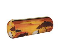KCGSDEGV Trousse ronde en cuir avec imprimé éléphant et girafe au coucher du soleil - Jolie trousse à crayons - Boîte de rangement pour l'école - Pour filles et garçons, blanc, Taille unique, Cartable