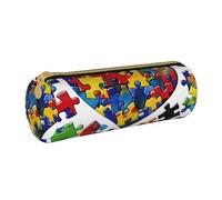 KCGSDEGV Trousse ronde en cuir pour sensibilisation à l'autisme, pièces de puzzle, cœur imprimé, jolie trousse à crayons, trousse à stylos, boîte de rangement pour l'école filles garçons, blanc,