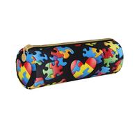 KCGSDEGV Trousse ronde en cuir pour sensibilisation à l'autisme, pièces de puzzle, cœur imprimé, jolie trousse à crayons, trousse à stylos, boîte de rangement pour l'école filles garçons, blanc,