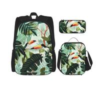 KCGSDEGV Walrus Ensemble cartable 3 pièces avec sac à déjeuner et trousse à crayons Motif imprimé imprimé mignon pour adolescents filles garçons, Oiseau tropical feuilles, Taille unique, Sacs à dos de
