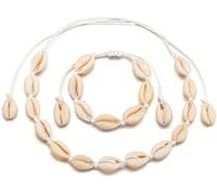 KCHSRKHXC 1 ensemble de colliers et bracelets en coquillages naturels, ras du cou hawaïen réglable, bijoux faits à la main pour la plage d'été, blanc
