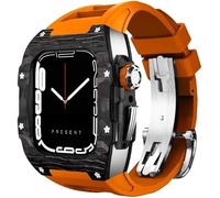 KCHSRKHXC Carbon Fiber Bezel Watch Case Fluorine Rubber Band，For Series 9 8 7 6 5 4 SE 44mm 45mm Replacement Accessories，Watch Case Strap Stainless Steel ClaspKit