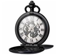 Kchss Montre de poche mécanique avec chiffres romains et cadran squelette avec boîte et chaînes pour homme et femme, A-dB Noir, blanc