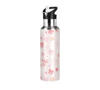 Kcldeci Bouteille d'eau en acier inoxydable avec paille, motif nœuds et fleurs, rose pastel, 1000 ml, isotherme sous vide, anti-fuite, pour voyage,