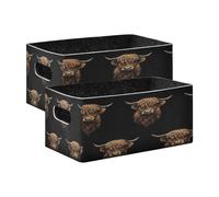 Kcldeci Highland Lot de 2 paniers de rangement pliables et robustes pour étagères, placard, chambre d'enfant Motif tête de vache sur fond noir