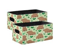 Kcldeci Lot de 2 paniers de rangement Capybara mignons en forme de cœurs verts pour organisation, paniers de rangement robustes et pliables pour étagères, placard, chambre d'enfant