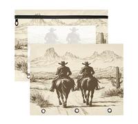 Kcldeci Lot de 2 trousses à crayons pour classeur à 3 anneaux, style vintage, cowboys occidentaux, désert, format A4, avec fermeture éclair pour filles et garçons, trousse à crayons avec fenêtre