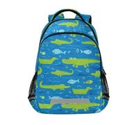 Kcldeci Sac à dos pour enfants pour filles et garçons, motif crocodiles mignons avec poisson, sac à dos d'école, sac à dos de voyage