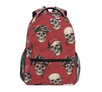 Kcldeci Sac à dos pour garçons et filles - Pour l'école primaire - Crâne de pirates sur rouge - Taille S à M, Crâne de pirate sur rouge, M, Sac à dos daypack