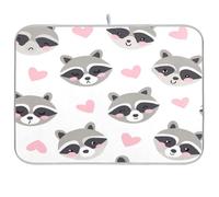 Kcldeci Tapis de séchage à vaisselle avec visages de raton laveur et cœurs - Tapis de comptoir de cuisine - Accessoires de cuisine - Tapis d'égouttoir pour vaisselle, ustensiles, comptoirs, éviers