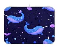 Kcldeci Tapis de séchage mignon bleu et violet narval tapis de comptoir de cuisine tapis égouttoir accessoires de cuisine tapis égouttoir pour vaisselle, ustensiles, comptoirs, éviers 40,6 x 45,7 cm