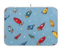 Kcldeci Tapis d'égouttoir à vaisselle pour comptoir de cuisine, Rocket Adventure on Blue Absorbant Égouttoir à vaisselle pour comptoirs, éviers, égouttoir 40,6 x 45,7 cm