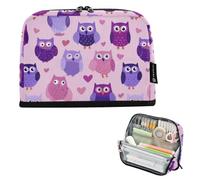 Kcldeci Trousse à crayons avec fermeture éclair de grande capacité - Motif hibou violet et cœur - Pour filles et garçons