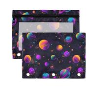 Kcldeci Trousse à crayons pour classeur à 3 anneaux, trousse à crayons avec fermeture éclair, motif planètes néon, vaisseaux spatiaux, trousse transparente pour bureau, papeterie, école